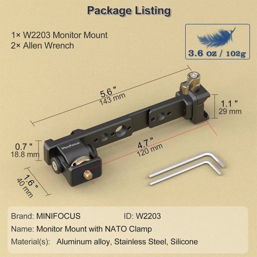 Minifocus Monitor Mounting Support with NATO Clamp for DJI RS 2 RSC 2 RS 3 RS 3 Pro RS 3 Mini RS 4 or RS 4 Pro Gimbal