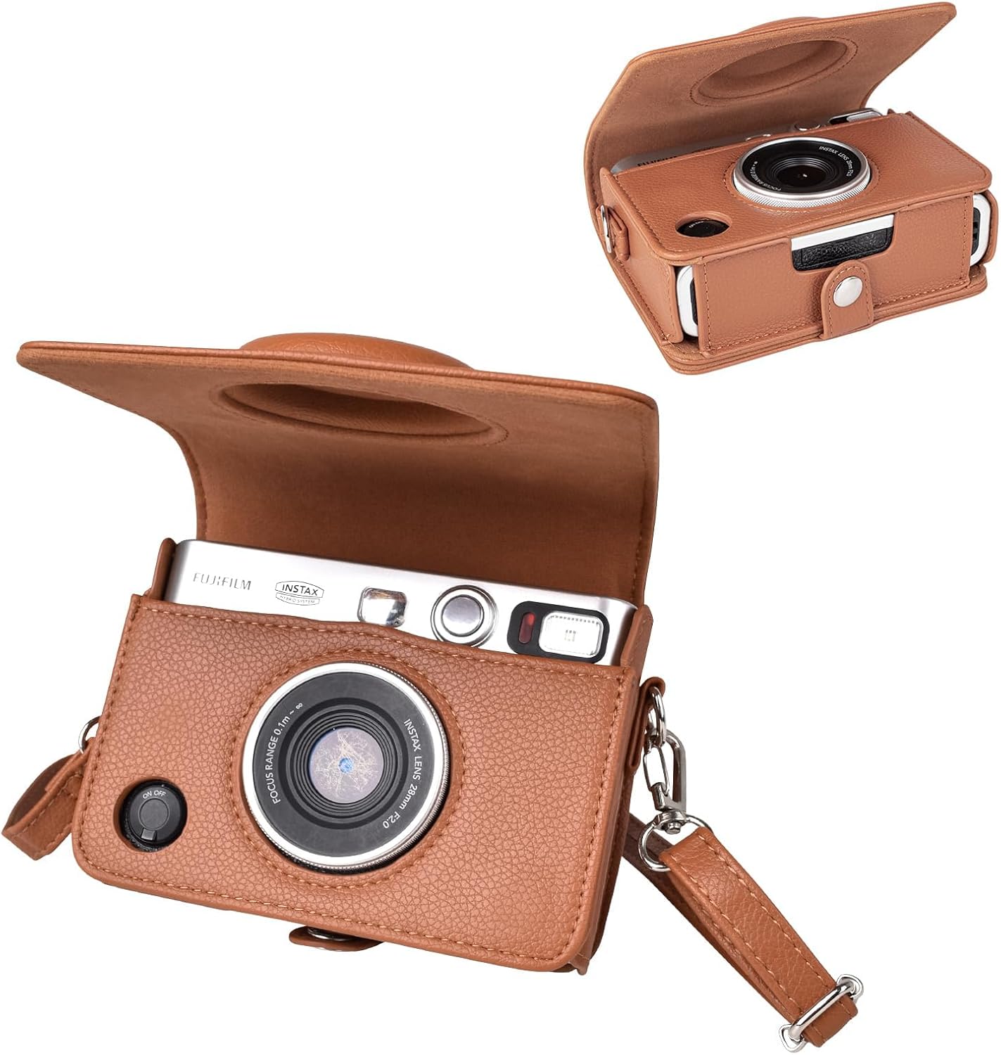 Leather Camera Case for FUJIFILM Instax Mini Evo With Shoulder Strap (Brown)