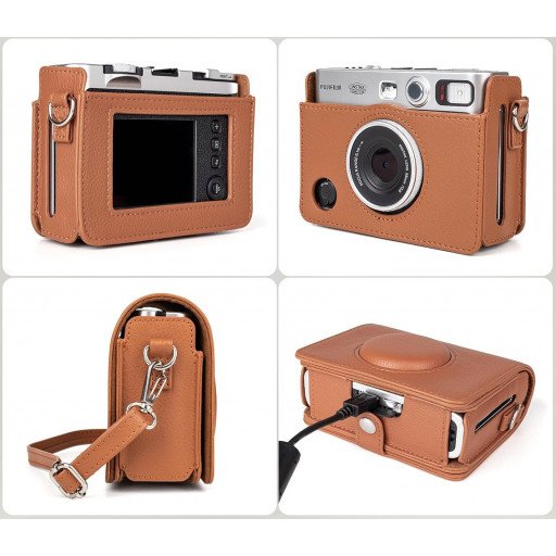 Leather Camera Case for FUJIFILM Instax Mini Evo With Shoulder Strap (Brown)