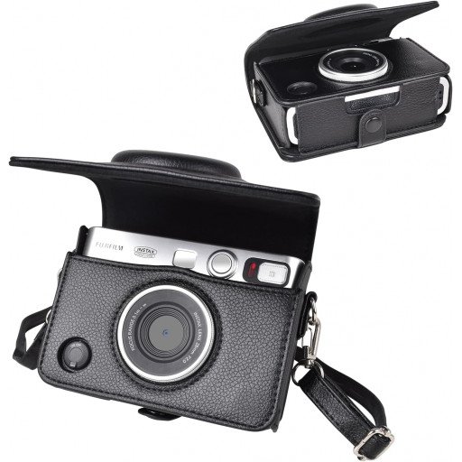 Leather Camera Case for FUJIFILM Instax Mini Evo With Shoulder Strap (Black)