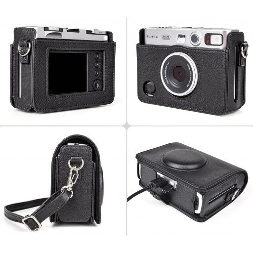 Leather Camera Case for FUJIFILM Instax Mini Evo With Shoulder Strap (Black)