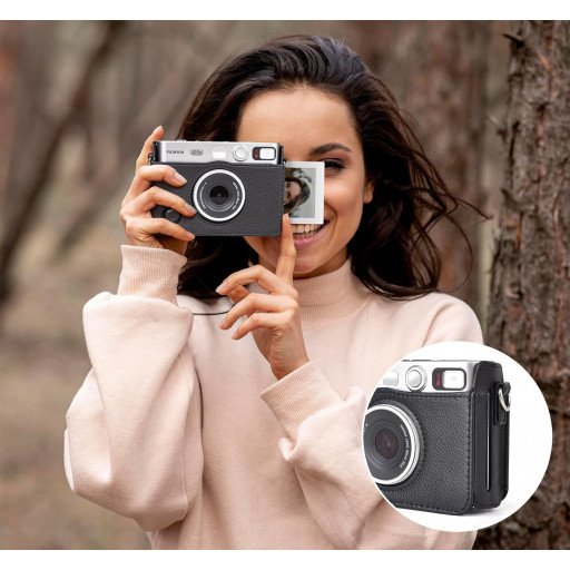 Leather Camera Case for FUJIFILM Instax Mini Evo With Shoulder Strap (Black)