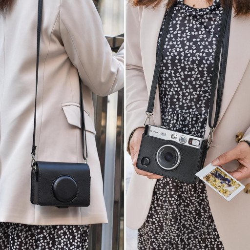 Leather Camera Case for FUJIFILM Instax Mini Evo With Shoulder Strap (Black)