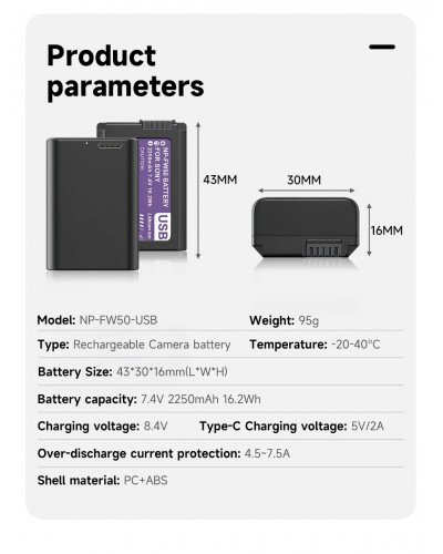 NP-FW50 Battery 2250mAh Type-C Port for Sony ZV-E10 Alpha A6000 A6300 A6400 A6500 A5000 A5100 A7 A7II A7R A7RII A7S A7SII RX10 II III NEX-3 NEX-5 NP-FW50 Battery 2250mAh Type-C Port for Sony ZV-E10 Alpha A6000 A6300 A6400 A6500 A5000 A5100 A7 A7II A7R A7RII A7S A7SII RX10 II III NEX-3 NEX-5