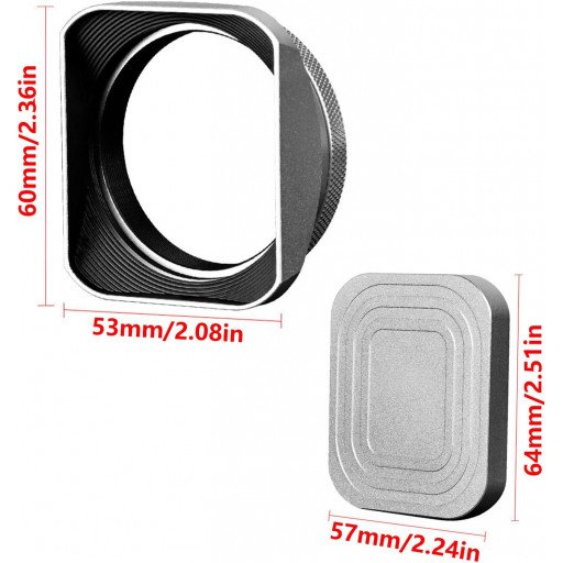 Square Metal Lens Hoods Lens Caps for FUJIFILM X100 Series X100/X100V/X100VI/X100F/X100S/X100T (Silver)