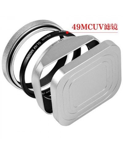 Square Metal Lens Hoods Lens Caps for FUJIFILM X100 Series X100/X100V/X100VI/X100F/X100S/X100T With MC UV Filter 49mm (Silver)