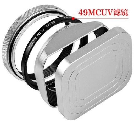 Square Metal Lens Hoods Lens Caps for FUJIFILM X100 Series X100/X100V/X100VI/X100F/X100S/X100T With MC UV Filter 49mm (Silver)