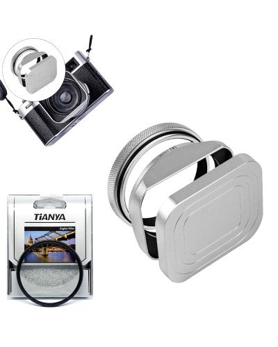 Square Metal Lens Hoods Lens Caps for FUJIFILM X100 Series X100/X100V/X100VI/X100F/X100S/X100T With MC UV Filter 49mm (Silver)