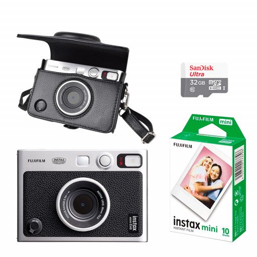FUJIFILM INSTAX MINI EVO Hybrid Instant Camera Black with 32GB Memory Card/Leather Case/Instant Film-10 Sheets
