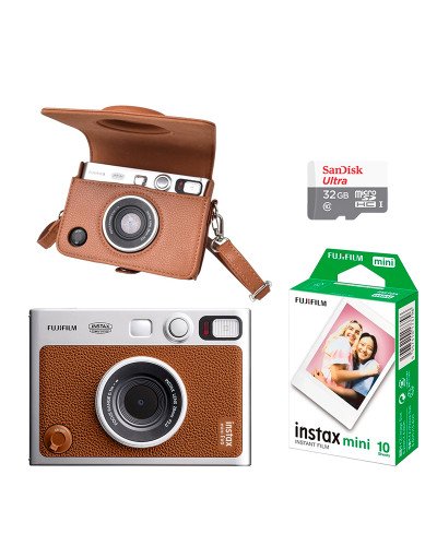 FUJIFILM INSTAX MINI EVO Hybrid Instant Camera Brown with 32GB Memory Card/Leather Case/Instant Film-10 Sheets