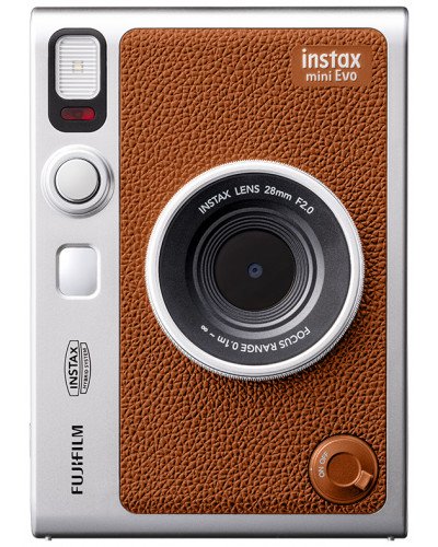 FUJIFILM INSTAX MINI EVO Hybrid Instant Camera Brown with 32GB Memory Card/Leather Case/Instant Film-10 Sheets