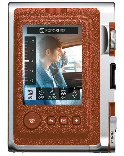 FUJIFILM INSTAX MINI EVO Hybrid Instant Camera Brown with 32GB Memory Card/Leather Case/Instant Film-10 Sheets