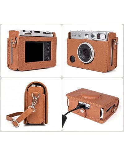 FUJIFILM INSTAX MINI EVO Hybrid Instant Camera Brown with 32GB Memory Card/Leather Case/Instant Film-10 Sheets