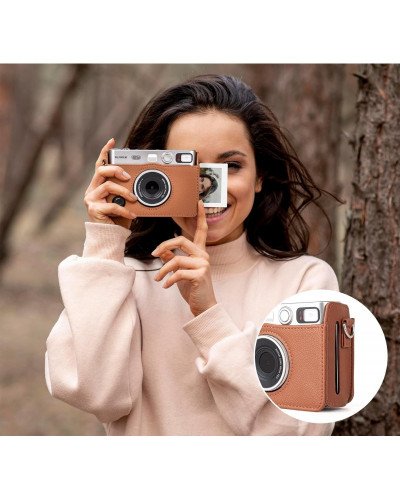 FUJIFILM INSTAX MINI EVO Hybrid Instant Camera Brown with 32GB Memory Card/Leather Case/Instant Film-10 Sheets