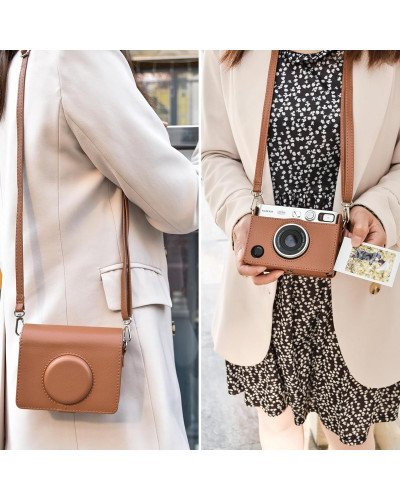 FUJIFILM INSTAX MINI EVO Hybrid Instant Camera Brown with 32GB Memory Card/Leather Case/Instant Film-10 Sheets