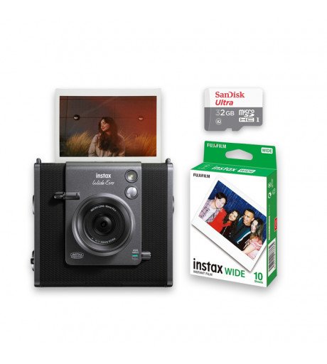 FUJIFILM INSTAX WIDE EVO Hybrid Instant Film Camera Black with 32GB Memory Card&Instant Film-10 Sheets