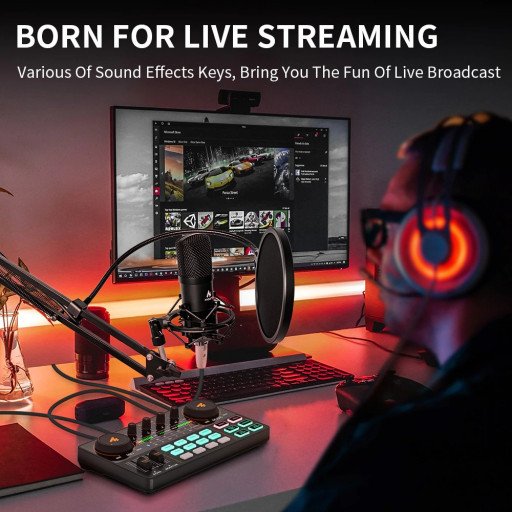 MAONO CASTER LITE AU-AM200 Microphone Mixer Digital Audio Interface Podcast Sound Card Rechargeable Podcaster for Phone Computer PC