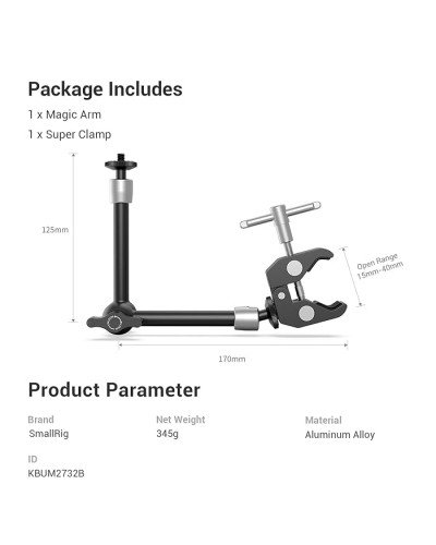 SmallRig Super Clamp w/ 1/4" and 3/8" Thread and 9.8 Inches Adjustable Friction Power Articulating Magic Arm with 1/4" Thread