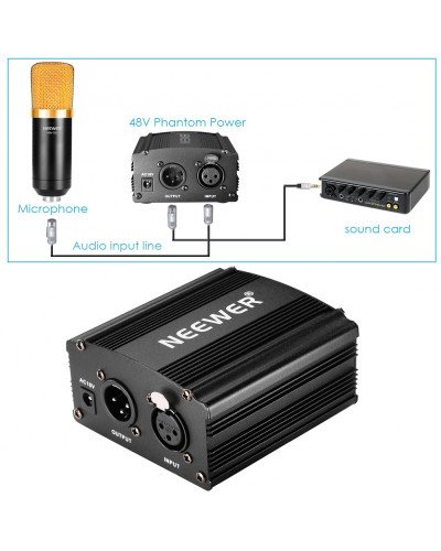 Neewer 1-Channel 48V Phantom Power Supply Black for Any Condenser Microphone
