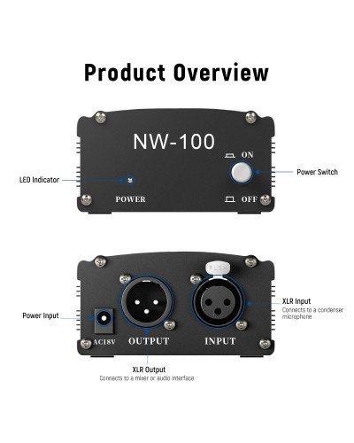 Neewer 1-Channel 48V Phantom Power Supply Black for Any Condenser Microphone