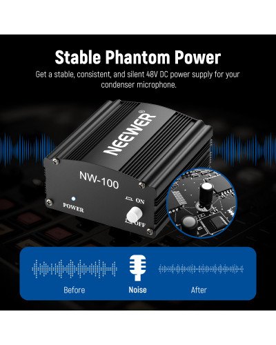Neewer 1-Channel 48V Phantom Power Supply Black for Any Condenser Microphone