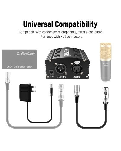 Neewer 1-Channel 48V Phantom Power Supply Black for Any Condenser Microphone