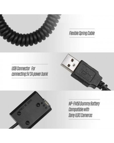 USB NP-FW50 Dummy Battery Pack Coupler Adapter with Flexible Spring Cable