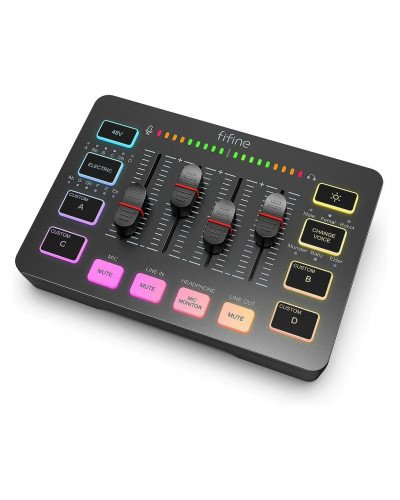 FIFINE AmpliGame SC3 Gaming Audio Mixer Streaming 4-Channel RGB Mixer with XLR Microphone Interface for Game Voice Podcast