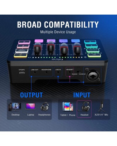 FIFINE AmpliGame SC3 Gaming Audio Mixer Streaming 4-Channel RGB Mixer with XLR Microphone Interface for Game Voice Podcast