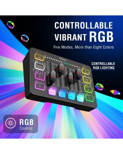 FIFINE AmpliGame SC3 Gaming Audio Mixer Streaming 4-Channel RGB Mixer with XLR Microphone Interface for Game Voice Podcast