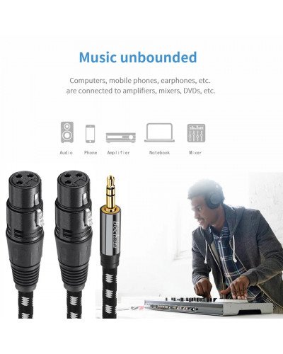 Braided 1/8'' 3.5mm TRS Jack to Dual XLR Female OFC Audio Cable