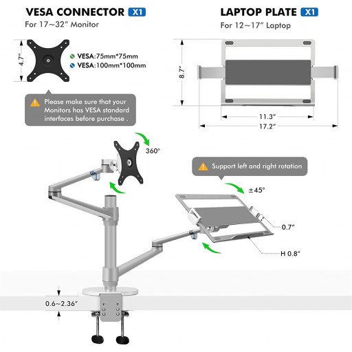 Aluminum Height Adjustable Desktop Dual Arm 17-32 inch Monitor Holder+12-17 inch Laptop Holder Stand OL-3L Full Motion Mount Arm