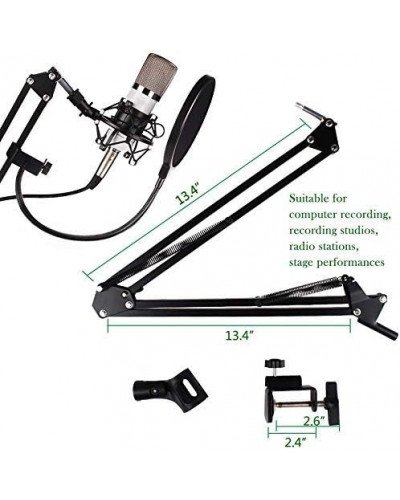Microphone Boom Arm Studio Podcast Mic Stand+Clamp+Pop Filter