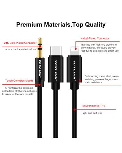 VOXLINK Aux Cable 2 in 1 8 Pin + USB Type C to 3.5mm Car Aux Audio Cable
