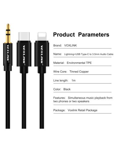 VOXLINK Aux Cable 2 in 1 8 Pin + USB Type C to 3.5mm Car Aux Audio Cable