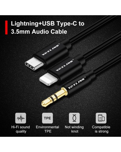 VOXLINK Aux Cable 2 in 1 8 Pin + USB Type C to 3.5mm Car Aux Audio Cable
