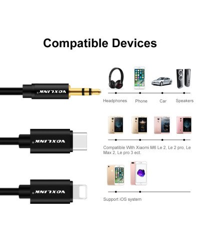 VOXLINK Aux Cable 2 in 1 8 Pin + USB Type C to 3.5mm Car Aux Audio Cable