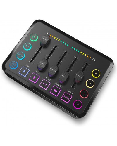 Gaming Audio Mixer Rechargeable Audio Interface RGB Mixer with XLR Mic Interface 48V Phantom Power for Podcast/Recording
