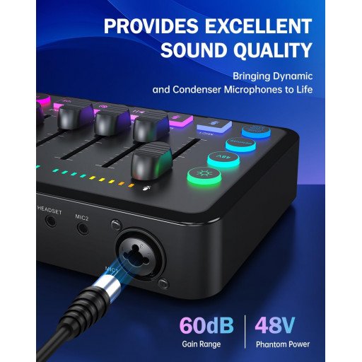 Gaming Audio Mixer Rechargeable Audio Interface RGB Mixer with XLR Mic Interface 48V Phantom Power for Podcast/Recording