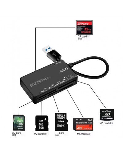 6in1 USB 2.0 Multi USB Splitter TF/SD/MS/CF/M2/XD Memory Card Reader Adapter