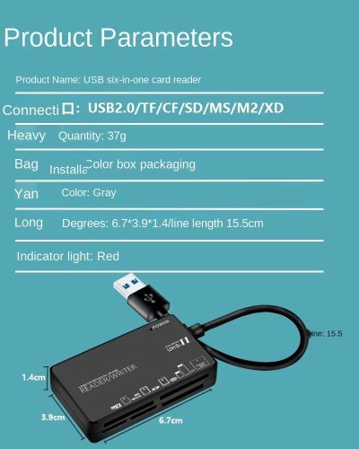 6in1 USB 2.0 Multi USB Splitter TF/SD/MS/CF/M2/XD Memory Card Reader Adapter