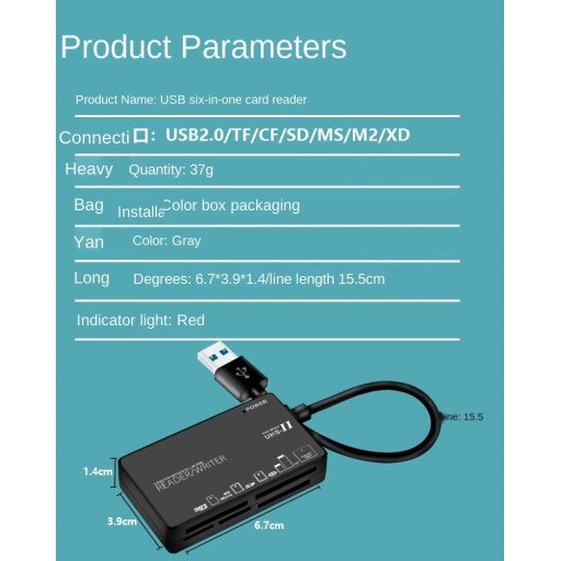 6in1 USB 2.0 Multi USB Splitter TF/SD/MS/CF/M2/XD Memory Card Reader Adapter
