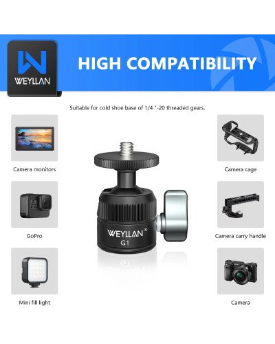 Weyllan G1 Mini tripod Head CNC Metal 18mm Cold Shoe Mount Mini Ball Head