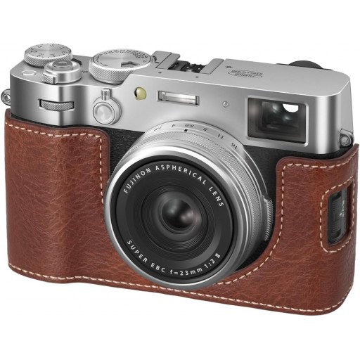 Leather Camera Half Case Compatible with Fujifilm X100VI Digital Camera Brown with Strap