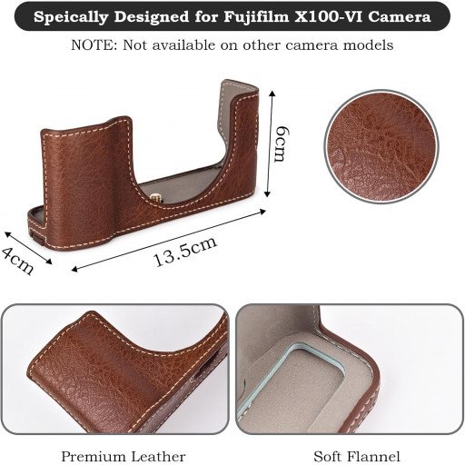 Leather Camera Half Case Compatible with Fujifilm X100VI Digital Camera Brown with Strap