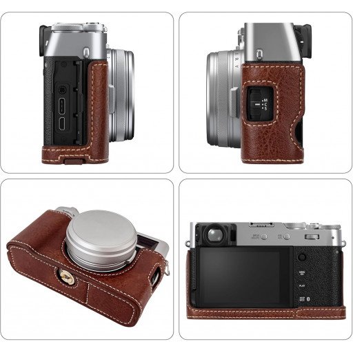 Leather Camera Half Case Compatible with Fujifilm X100VI Digital Camera Brown with Strap