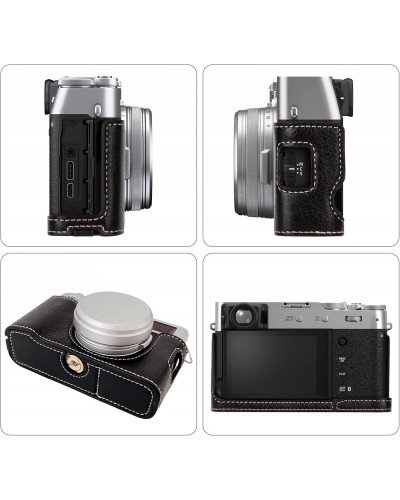 Leather Camera Half Case Compatible with Fujifilm X100VI Digital Camera Black with Strap