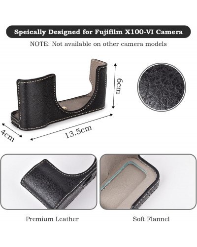 Leather Camera Half Case Compatible with Fujifilm X100VI Digital Camera Black with Strap