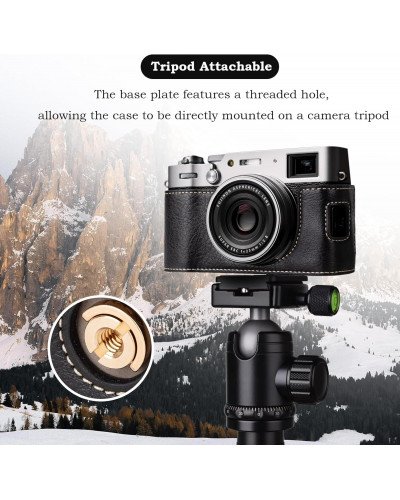 Leather Camera Half Case Compatible with Fujifilm X100VI Digital Camera Black with Strap