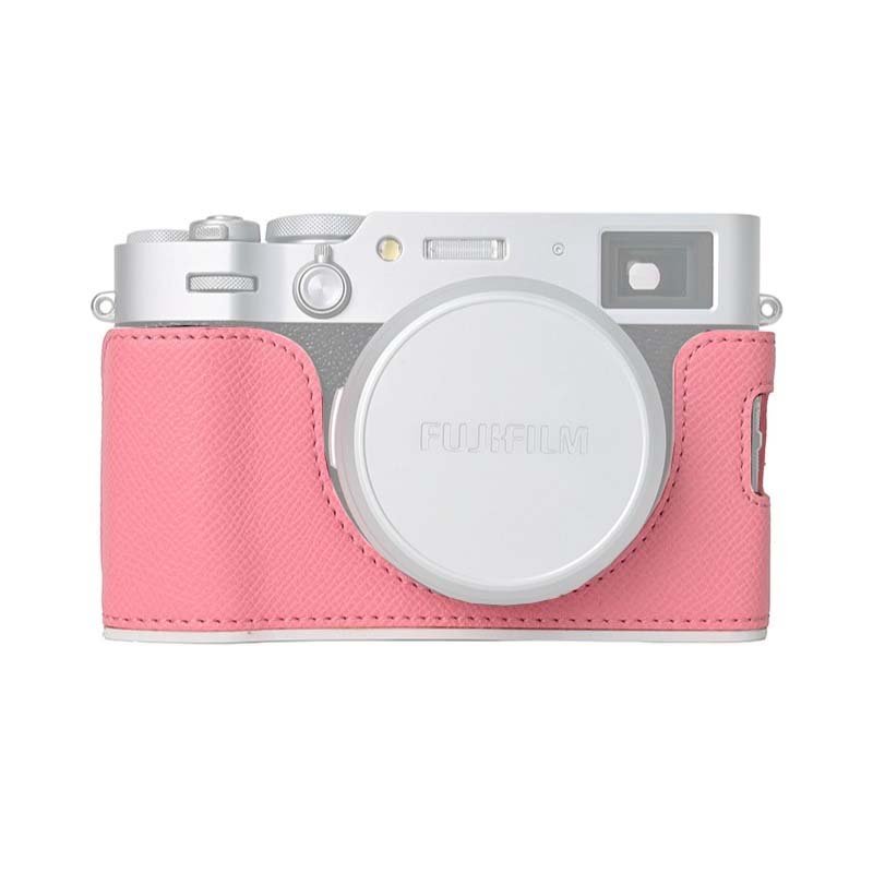 Leather Camera Half Case Compatible with Fujifilm X100VI Digital Camera Pink with Strap